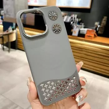 Чехол для мобильного телефона iphone16promax с магнитным покрытием подходит для Apple 15, узор из искусственной кожи 14, полое рассеивание тепла 13, защитный чехол iPhone16PRO MAX чёрный