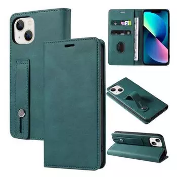 Чехол для мобильного телефона, магнитный противоударный флип-держатель, защита от царапин, пылезащитный чехол для карт, запястье с искусственным ремешком For iPhone14 темно-зеленого
