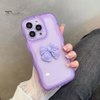 Чехол для мобильного телефона с волнистым краем и 3D бантом, красочный прозрачный защитный чехол, милый силиконовый чехол для смартфона, аксессуары для телефонов для iPhone 14 серии for iPhone 14 фиолетовый