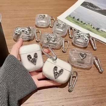 Чехол для наушников с 3D-покрытием и бантом в форме сердца для Apple AirPods 1 2, блестящая пудровая крышка с брелком для AirPods 3 Air Pods Pro 2 For AirPods Pro 2