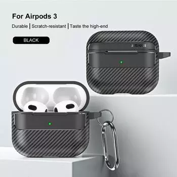 Чехол для наушников YurKem из углеродного волокна для Apple Airpods 3, противоударный чехол для Air pods 3, поддерживает беспроводную зарядку, чехол-брелок For airpods 3 чёрный