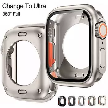 Чехол для обновления 360 для Apple Watch 8 7 45 мм Защитная пленка для экрана Жесткое закаленное стекло ПК iWatch Series 4 5 6 Se 44 мм Изменение на Ultra 49 мм 44mm Change to 49mm