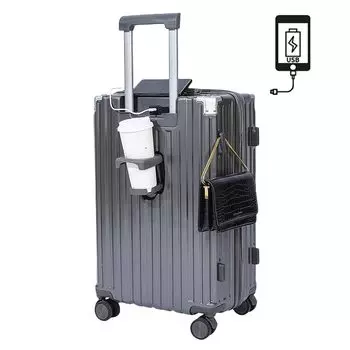 Чехол для переноски с USB-портом, сумка для переноски с чашкой, скрытый крючок, зарядка, двойная, 360 градусов, деловая поездка [SUPBOX] Чемодан, порт для ручной клади, держатель, функция, серый