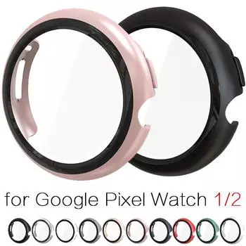 Чехол для ПК с пленкой для Google Pixel Watch Pixel Watch 2 Защитная пленка для экрана Закаленный бампер Рамка Пленка Жесткий чехол для ПК Аксессуары для Pixel Watch For Google Pixel Watch 1/2 серый