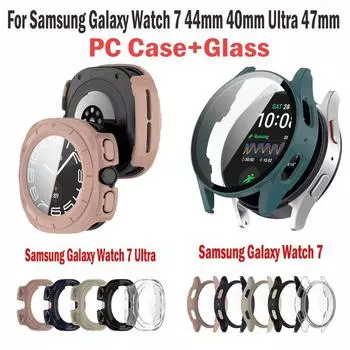 Чехол для ПК + стекло для Samsung Galaxy Watch 7 44 мм 40 мм Ultra 47 мм аксессуары защитный чехол с защитой экрана Shell Cover Watch7Ultra розовый