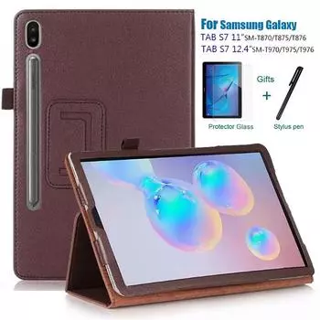 Чехол для планшета Samsung Galaxy Tab S7 Plus 12,4 дюйма, 2020 SM-T970 SM-T975, тонкий складной чехол из искусственной кожи с личи для Tab S7, 11 дюймов, T870 T875, ручка + стекло For S7 T870 T875 T876 белый