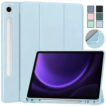 Чехол для планшета Samsung Tab S9 FE 10,9 дюйма 2023 года, держатель для ручки, тройной складной кожаный мягкий откидной кронштейн, подставка, противоударный чехол S9 FE (10.9 inch) темно-зеленого