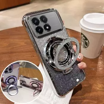 Чехол для POCO X6 pro, магнитный кронштейн, противоударный чехол для Xiaomi Poco X6 M6 pro, чехол с блестящим держателем, роскошный силиконовый чехол pocoX6 poco x6 pro&Case & Holder чёрный