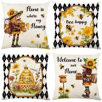 Чехол для подушки «День пчелы» для гостиной, чехол для дивана, льняной чехол для спальни с принтом, растения и цветы 45*45cmJYM432-1