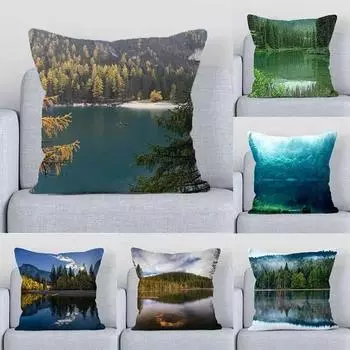 Чехол для подушки для дивана в офисе, гостиной, роскошное украшение для дома, чехол для подушки с рисунком отражения воды в озере и лесу 40x40cm