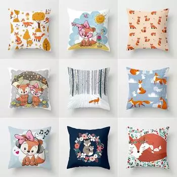 Чехол для подушки с милым мультяшным принтом лисы и животным, домашний декор для гостиной, дивана, квадратный чехол из полиэстера, наволочка 45x45 см 40X40CM