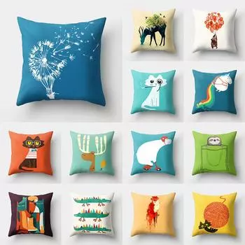 Чехол для подушки с милым мультяшным животным, черной кошкой, оленем и растительным принтом, украшение для дома, гостиной, дивана, подушка, наволочка 40X40CM