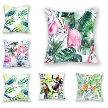 Чехол для подушки с птицей, тропический домашний декор, квадратная мультяшная декоративная подушка с фламинго и растением 40x40cm