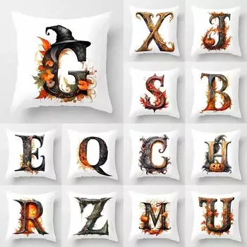 Чехол для подушки с тыквой на Хэллоуин с 26 буквами, подходящий для дома, гостиной, дивана, спальни, украшения комнаты 40x40cm