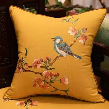 Чехол для подушки с вышитыми цветами и птицами, на спинку, из хлопка и льна, на подушку для дивана, на поясничную подушку 50x35cm