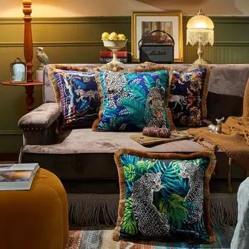 Чехол для подушки в стиле ретро с изображением животных джунглей, роскошная золотая атласная наволочка с кисточками и бахромой, тигровый леопард, диван, домашний декор 450mm*450mm