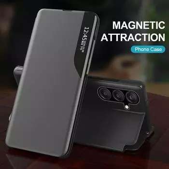 Чехол для Samsung A54 5G Smart View, магнитный кожаный чехол-подставка с откидной крышкой для Samsung S25 Ultra S24 Plus S23 S22 Samsung A24 35 25 15 A55 A35 A20s, чехол-книжка For Samsung A10 чёрный