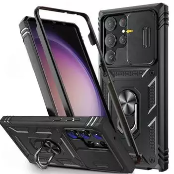 Чехол для Samsung A54 A14 A33 A52 4G 5G Galaxy S24 S23 S22 S21 FE Ultra Plus Heavy Duty с поворотной подставкой для камеры Samsung S24 Ultra чёрный