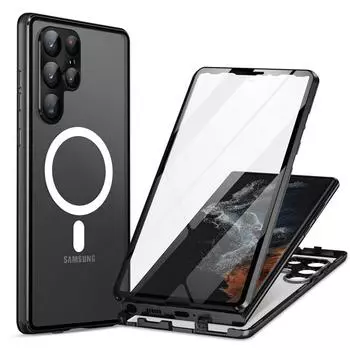 Чехол для Samsung Galaxy S22 S23 Ultra S21 Plus Magsafe, полностью закрытая защита на 360°, алюминиевый сплав, стекло, магнитная круглая крышка for iPhone 14 чёрный