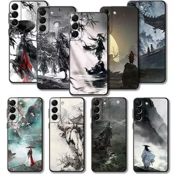 Чехол для Samsung Galaxy S23 S22 S21 S20 Fe Ultra S10 S9 S8 Plus Note 20ultra 10plus, японский самурайский пейзаж, живопись тушью Samsung Note 10 Plus