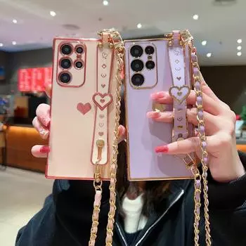 Чехол для Samsung Galaxy S23 S22 S21 Ultra S20 S21FE A14 A54 A13 A53 A23 A52, гальваническая цепочка через плечо, ремешок Love, силиконовый мягкий чехол For Samsung S23 чёрный