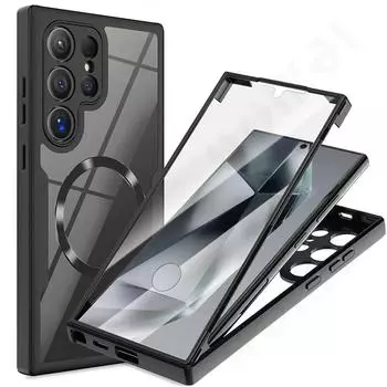 Чехол для Samsung Galaxy S24 S23 S22 Ultra с беспроводным зарядным устройством Magsafe 360, полный противоударный силиконовый защитный чехол для экрана телефона Samsung S24 Ultra чёрный