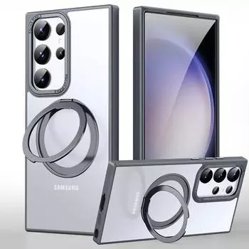 Чехол для Samsung Galaxy S24 S23 Ultra Plus, прозрачный матовый магнитный вращающийся кольцевой кронштейн, защитная задняя крышка, аксессуары for Galaxy S23