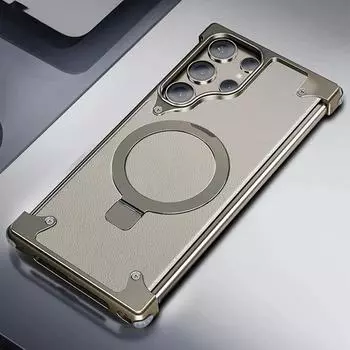 Чехол для Samsung Galaxy S24 S23 Ultra с металлической рамкой Magsafe, четырьмя угловыми подушками безопасности, прозрачным кожаным кольцом для пальца, держателем для телефона For Samsung S24 Ultra