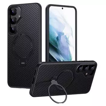 Чехол для Samsung Galaxy S24, совместимый с MagSafe, PC+TPU чехол для телефона, держатель-кольцо, текстура углеродного волокна Black