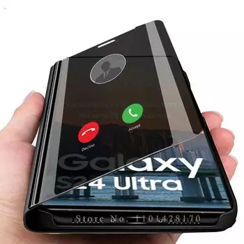 Чехол для Samsung Galaxy S24 Ultra, кожаный чехол с зеркалом Smart View, чехол-раскладушка Funda S 24 Plus S24Ultra 24S 5G, магнитный чехол-подставка для книги For SamsungS24 Ultra синий