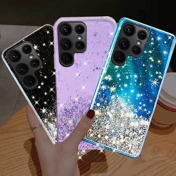 Чехол для Samsung Galaxy S24 Ultra Plus Роскошные блестящие блестки Bling Stars Мягкая задняя крышка из ТПУ для Samsung S 24 S24Ultra S24Plus Чехлы для телефонов For Samsung S24 Ultra чёрный