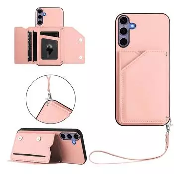 Чехол для Samsung Galaxy S25 с держателем для карт, подставкой, покрытием с эффектом кожи и ремешком на запястье Pink