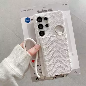 Чехол для Samsung Galaxy S25 Ultra с держателем для карт, зеркалом, текстурой змеиной кожи, задней крышкой из ПУ+ПК и шнурком White