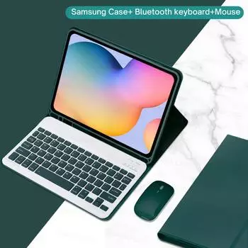 Чехол для Samsung Galaxy Tab A8 10,5 S6 Lite 10,4 S7 S8 11 с Bluetooth-клавиатурой и мышью с гнездом для ручки English A7 10.4in темно-зеленого