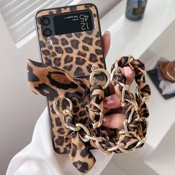 Чехол для Samsung Galaxy Z Flip 3 4 с модным леопардовым квадратным шарфом и металлической цепочкой, чехол для телефона Samsung Z Flip 3 5G, роскошный чехол Z Flip 3