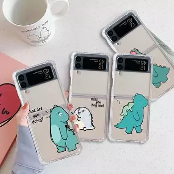 Чехол для Samsung Galaxy Z Flip 3 5G Funda Z Flip 4, роскошный прозрачный чехол из ПК, жесткий противоударный чехол для телефона, милый маленький динозаврик Samsung Z Flip4 5G