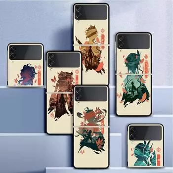 Чехол для Samsung Galaxy Z Flip 3 4 5G, черный жесткий корпус для телефона из ПК Z Flip4, роскошный сегментированный чехол в стиле аниме Genshin Impact, милый Samsung Z Flip 3 5G