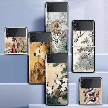 Чехол для Samsung Galaxy Z Flip 3 4 5G черный жесткий корпус для телефона из ПК Z flip4 роскошный сегментированный чехол Tiger Crane ART Samsung Z Flip 3 5G