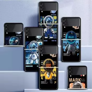 Чехол для Samsung Galaxy Z Flip 3 4 5G, черный жесткий корпус для телефона из ПК Z Flip4, роскошный сегментированный чехол, милый ремешок на руку с изображением астронавта Samsung Z Flip 3 5G