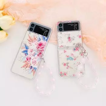 Чехол для Samsung Galaxy Z Flip 4 3, красивый чехол с цветами ромашки, расписанный браслетом, прозрачный противоударный складной жесткий чехол Case and Bracelet