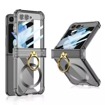 Чехол для Samsung Galaxy Z Flip 5, прозрачный цветной силиконовый складной кольцевой кронштейн, магнитный чехол с беспроводной зарядкой, задняя крышка for Galaxy Z Flip 5