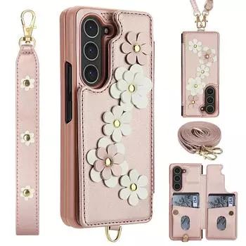 Чехол для Samsung Galaxy Z Fold5 5G с отделениями для карт, покрытый кожей ТПУ, с цветочным принтом, чехол для телефона с 2 ремешками Pink