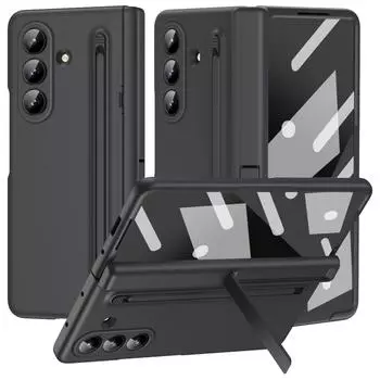Чехол для Samsung Galaxy Z Fold7 5G с подставкой, задняя крышка для телефона из ПК со стилусом и защитной пленкой из закаленного стекла Black