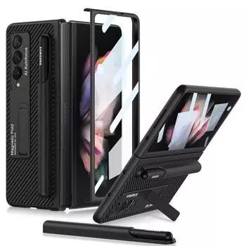Чехол для Samsung Galaxy Z Fold 3 5g, съемный держатель для S-ручки, магнитная подставка, простая кожаная задняя крышка со стеклом экрана Only Case чёрный