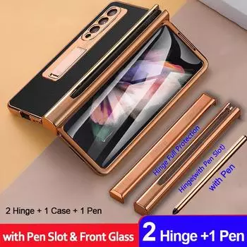 Чехол для Samsung Galaxy Z Fold 3 2 5g с ручкой, 2 шт. шарнир с гнездом для сенсорной ручки, стеклянная подставка для переднего экрана, кожаный чехол For Galaxy Z Fold 3 зелёный