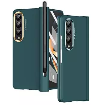Чехол для Samsung Galaxy Z Fold 4 с держателем для ручек на петлях, полная защита переднего экрана, стеклянная пленка, противоударный чехол для Z Fold4 Only Case No Pen серебряный