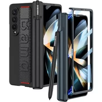 Чехол для Samsung Galaxy Z Fold 4, все включено, магнитный шарнир для ручки со стеклом экрана для Galaxy Z Fold4, жесткий чехол с ремешком на запястье for Galaxy Z Fold 4 чёрный