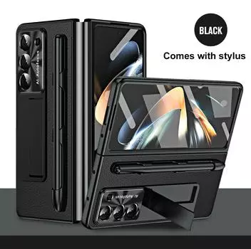 Чехол для Samsung Galaxy Z Fold 5, пленка, встроенный гальванический кожаный кронштейн, складной шарнир, слот для ручки, противоударный чехол for Galaxy Z Fold 5