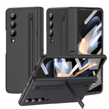 Чехол для Samsung Galaxy Z Fold 6, 5, 3, 4, сенсорная ручка с шарнирным кронштейном из закаленной пленки, приятный для кожи складной противоударный чехол, аксессуары For Z Fold 3 чёрный