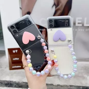 Чехол для Samsung Galaxy Zflip 5g, чехол с цветными бусинами, браслет-цепочка, чехол для Galaxy Zflip 3 Zflip 4, чехол с 3d сердечком Love, Капа For Z Flip 4 розовый
